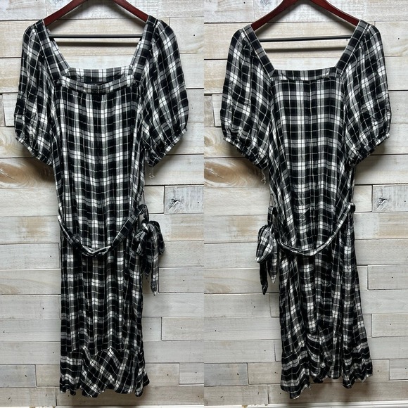 Lane Bryant Dress 18/20 Black White Flannel Plaid Square Neck Puff Sleeve Belted - Picture 3 of 10